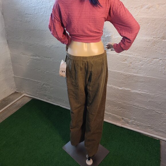 NWT IVY Olive Brown Corduroy Elastic Waist Pockets Loose Pants Petite Small - Picture 6 of 12
